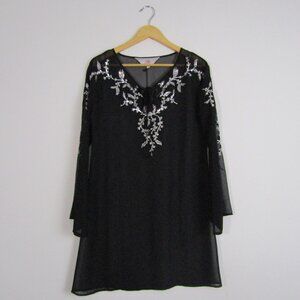 Roja Women's Tunic Top Small Black Sheer Embroidered Boho Maximalist Coastal NWT